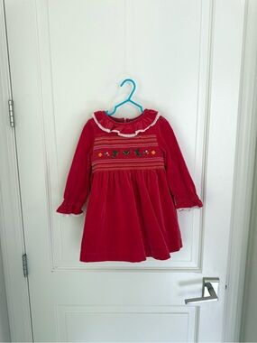 Mini Boden Velvet Red Christmas Smocked Robin Dress size 2-3Y 2T 3T
